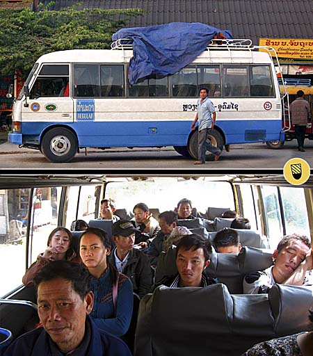 A Laotian Bus from outside and from inside with Passengers by Asienreisender